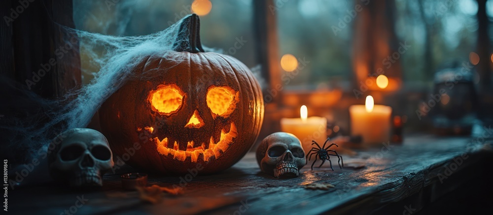 Fototapeta premium Lit Jack-o'-lantern with skulls, spider, candles, and cobwebs on a rustic wooden surface.