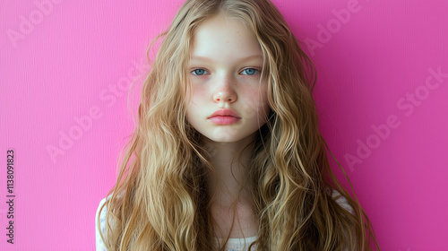 Wallpaper Mural young blonde girl innocent youthful clean feminine bright soft pink background portrait Torontodigital.ca