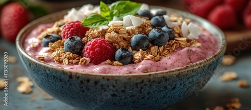 Berry smoothie bowl topped with granola, raspberries, blueberries, and coconut flakes.