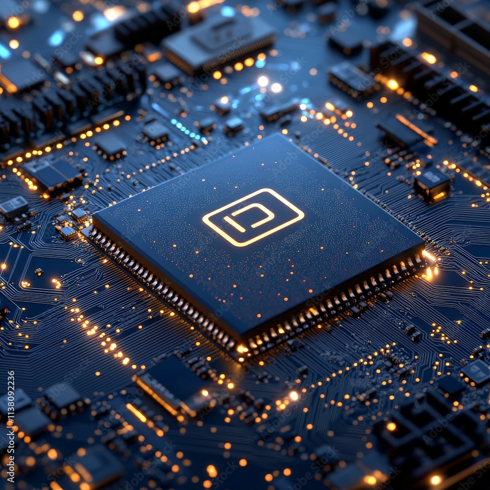 Futuristic AI Chip on Circuit Board Close-Up Futuristic AI Chip on Circuit Board Close-Up