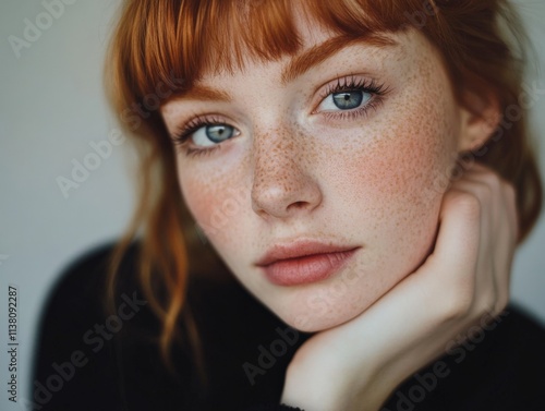 redhead woman with freckles and blue eyes posing for portrait
