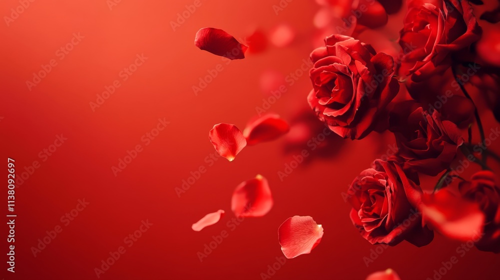 Flying petals and red roses on a red background with copy space. Creative floral levitation in the air nature layout, with copy space Flying petals and red roses on a red background with copy space. Creative floral levitation in the air nature layout, with copy space