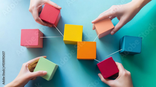 Conceptual piece. Business people building with blocks representing an organisation. Main image on separate layers for easy editing. Also includes several different colour versions