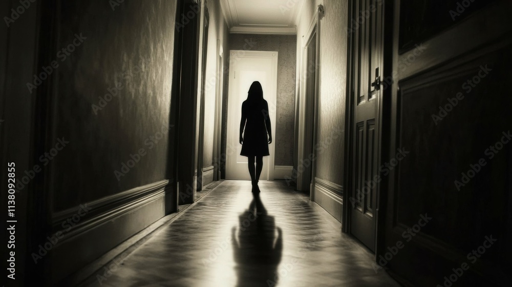 dimly lit hallway with a mysterious shadow at the end, symbolic of suspense and fear, cinematic atmospheric focus dimly lit hallway with a mysterious shadow at the end, symbolic of suspense and fear, cinematic atmospheric focus