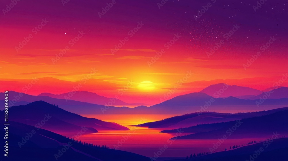 Obraz premium Dramatic sunset sky with vibrant shades of pink, orange, and purple, peaceful and inspiring, concept of natural beauty and evening calm.