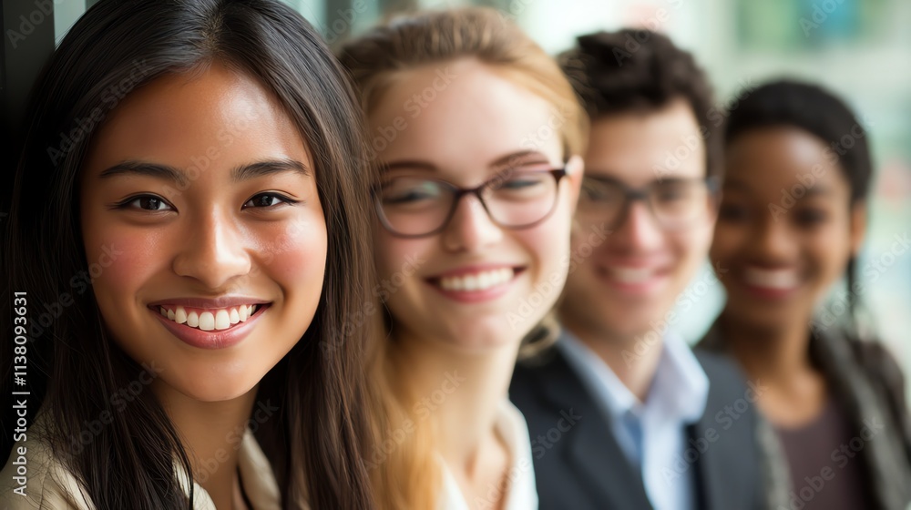 A group of four young people, three women and one man, smiling. A group of four young people, three women and one man, smiling.