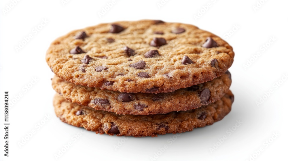 Close-up of a stack of chocolate chip cookies with a little crunch, highly focus, showing all detailed texture, no shadow, golden-brown texture, no background Close-up of a stack of chocolate chip cookies with a little crunch, highly focus, showing all detailed texture, no shadow, golden-brown texture, no background