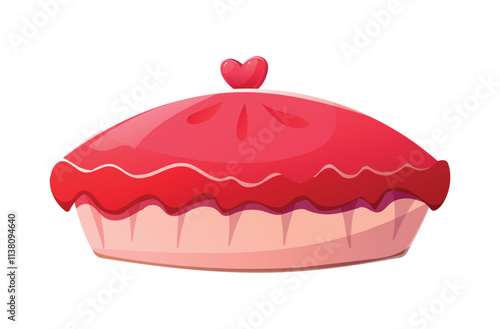 Charming vector cartoon isolated illustration, cake with pink frosting, heart decorations, lit candle. Birthday, wedding, or romantic Valentine's Day pie design