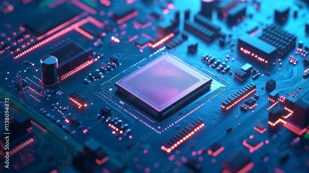 Futuristic AI Chip on Blue Circuit Board Futuristic AI Chip on Blue Circuit Board
