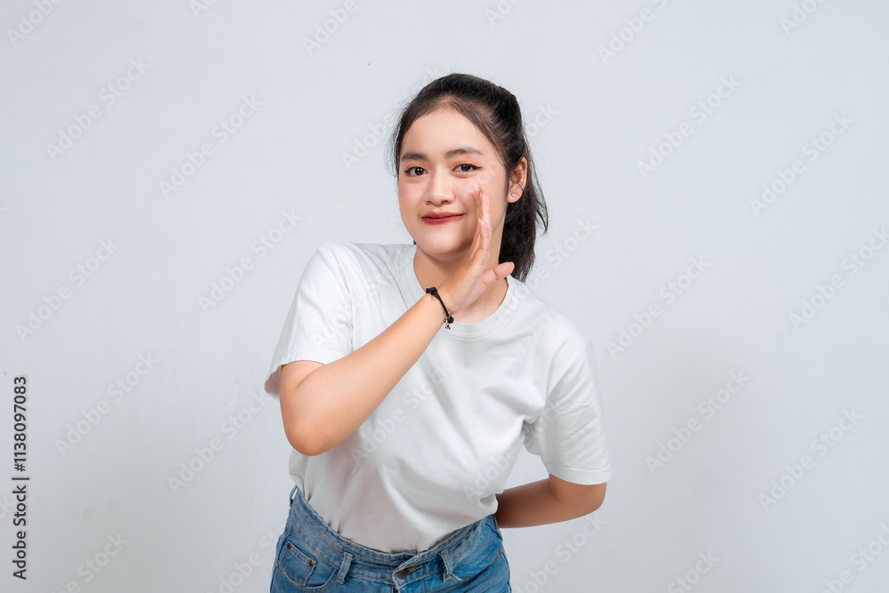 A young beautiful Asian woman is shouting and screaming loud with a hand on her mouth, isolated by white background. A young beautiful Asian woman is shouting and screaming loud with a hand on her mouth, isolated by white background.