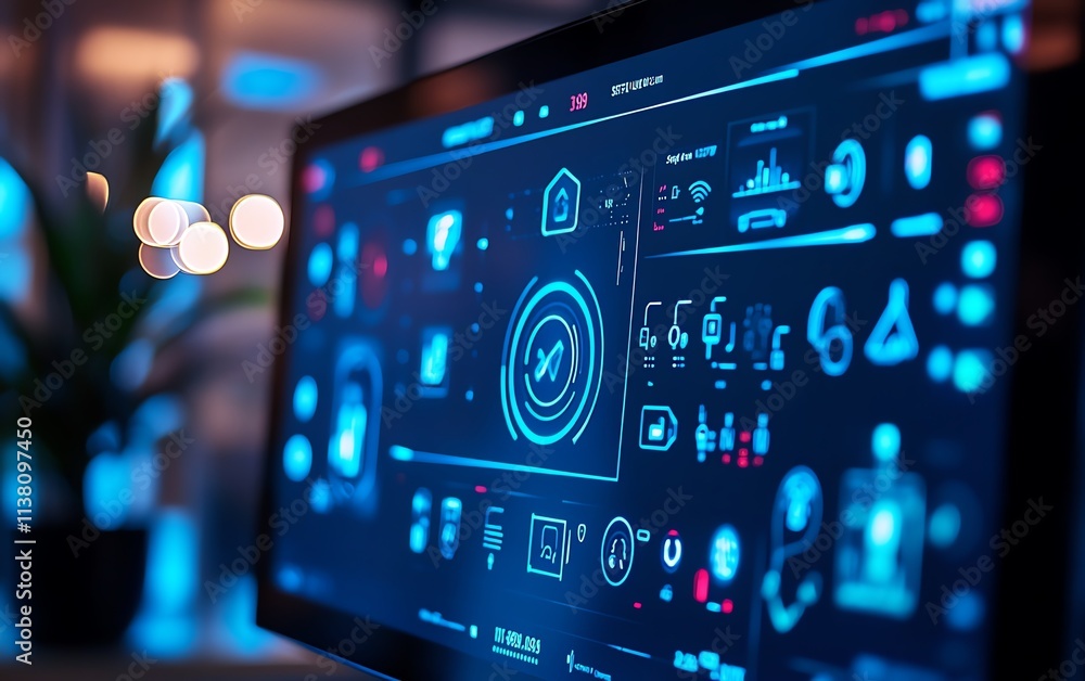 A futuristic smart home control system displayed on a digital screen A futuristic smart home control system displayed on a digital screen