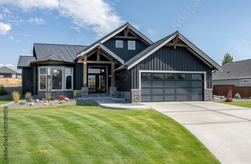 Black farmhouse exterior with large windows, steel roof, and modern details