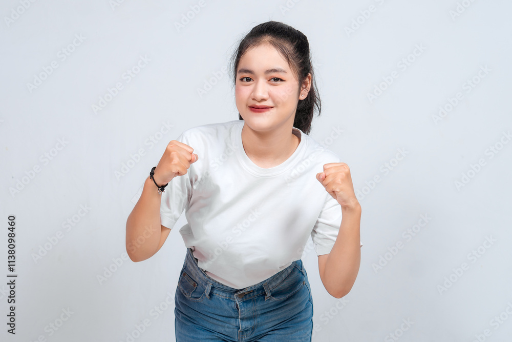Overjoyed young Asian woman is raising her hands in the air with happy successful expression Overjoyed young Asian woman is raising her hands in the air with happy successful expression