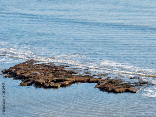 Overview of an outcrop of rocks known as Lucy’s Ledge exposed at low tide at Lyme Regis in Dorset England photo