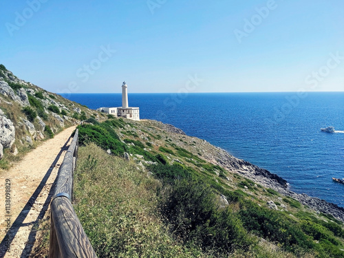 Lighthouse of Punta Palascia, Cape of Otranto, Puglia, Italy. The easternmost point that divides the Ionian Sea from the Adriatic Sea and Italy from Albania.