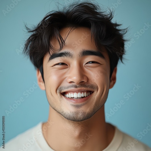 man with casual t-shirt is smiling at the camera, solid color background