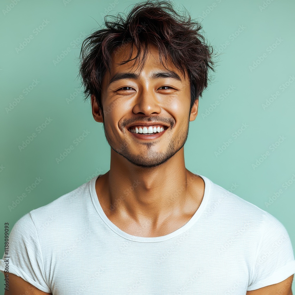man with casual t-shirt is smiling at the camera, solid color background