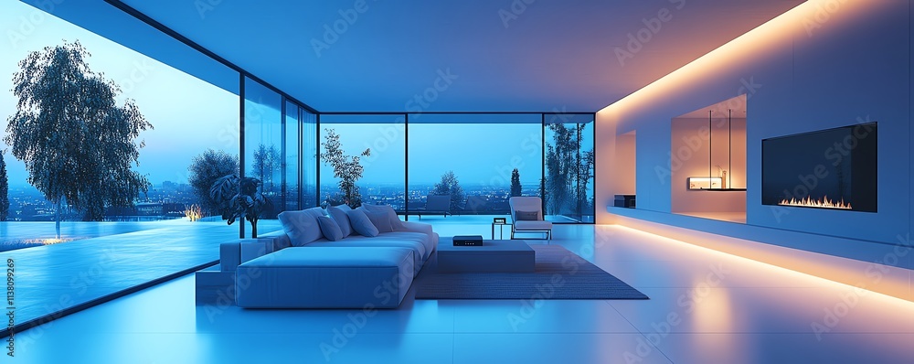 Obraz premium A modern smart home with digital technology integration, showcasing automated systems for lighting, security, and energy management, ultrarealistic, sleek interface design