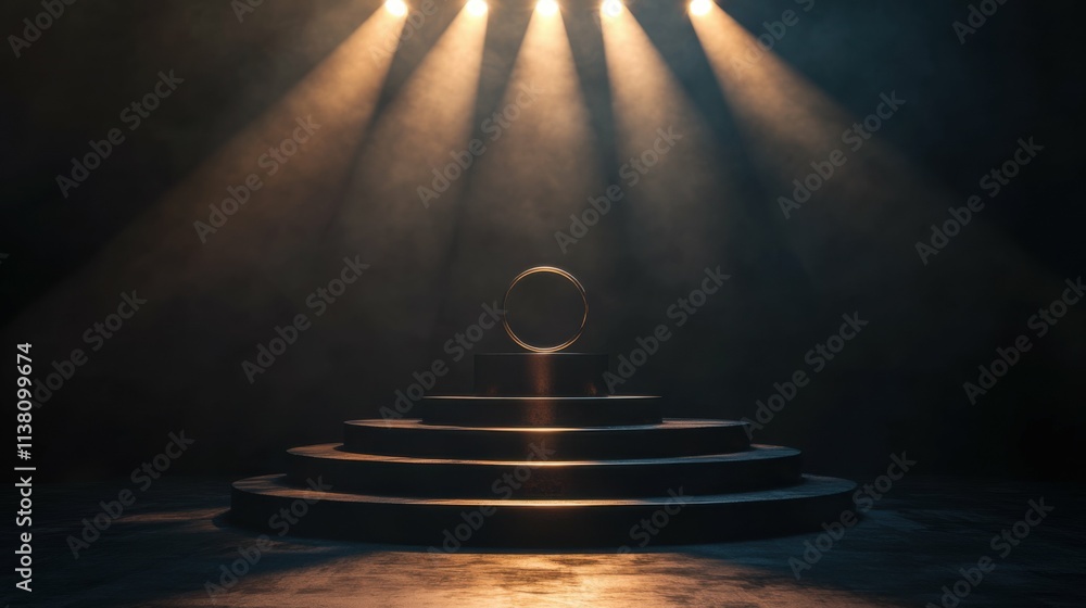Obraz premium Podium with spotlights highlighting first place, set against a dramatic dark stage, concept of competition and recognition, focus on winning.