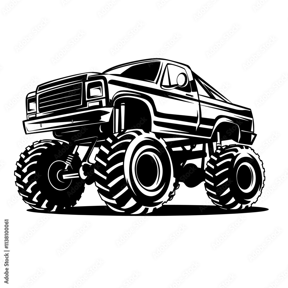 Monster truck with large wheels and elevated suspension, showcasing its rugged design and powerful presence. Monster Truck Vector Graphics Vector. Wheels Bigger Dreams Art Off Road in Illustration Monster truck with large wheels and elevated suspension, showcasing its rugged design and powerful presence. Monster Truck Vector Graphics Vector. Wheels Bigger Dreams Art Off Road in Illustration