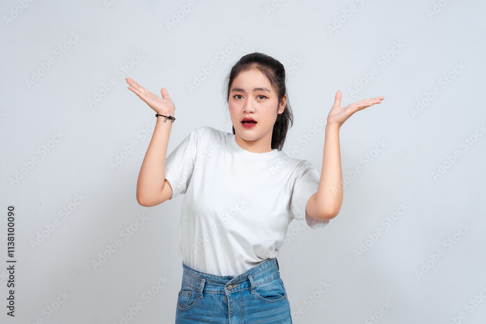 A portrait of a happy Asian Indonesian woman looking confused with both hands to the side, isolated on a white background A portrait of a happy Asian Indonesian woman looking confused with both hands to the side, isolated on a white background