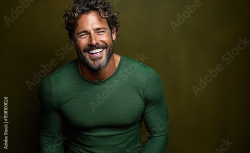 man with casual t-shirt is smiling at the camera, solid color background