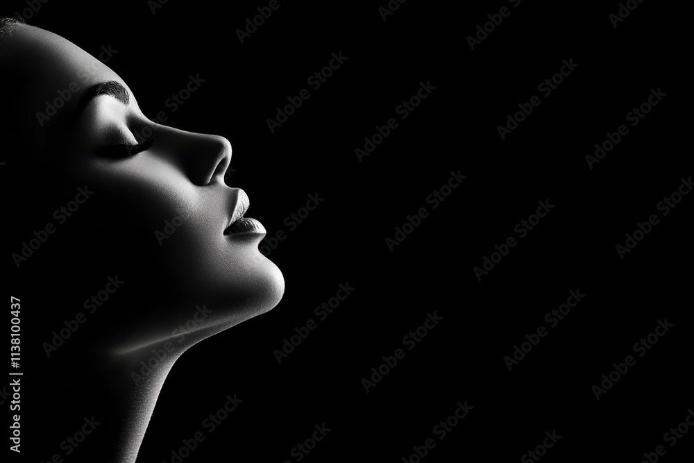 A black-and-white profile of a woman face with a classic Hollywood style, featuring dramatic lighting and shadows A black-and-white profile of a woman face with a classic Hollywood style, featuring dramatic lighting and shadows