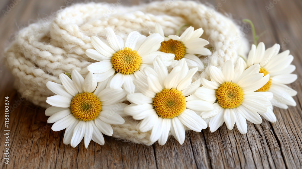 Obraz premium Cozy White Daisies Arranged on a Soft Knitted Blanket, Warm and Inviting Floral Nature Concept