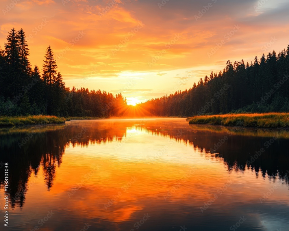 A beautiful sunset over a lake with trees in the background A beautiful sunset over a lake with trees in the background