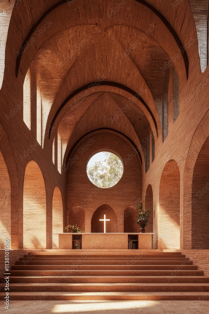 Fototapeta premium The interior of the modernist church is made from rammed earth walls with arched windows. A long staircase in front leads to an altar that is lit up by natural light