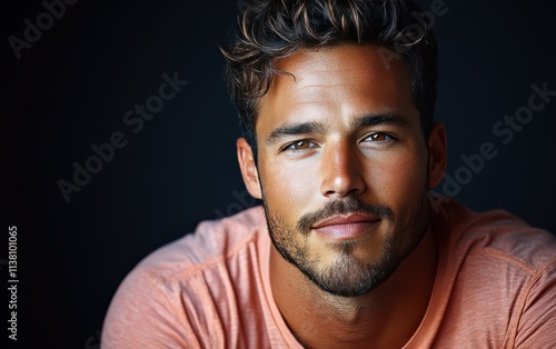 man with casual t-shirt is smiling at the camera, solid color background