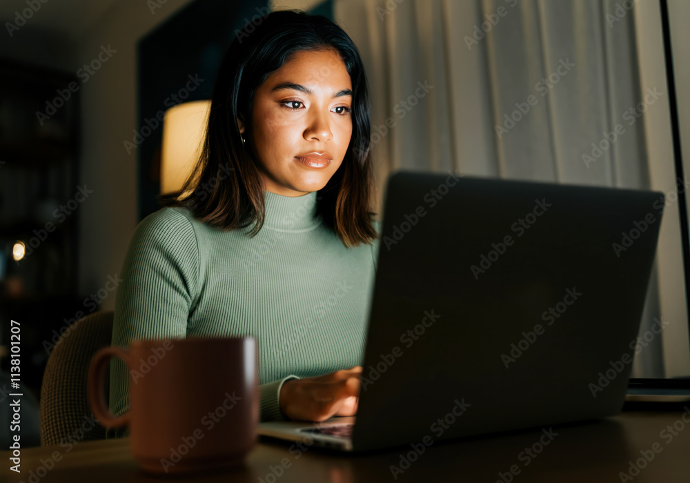 Woman working late at night on laptop at home Woman working late at night on laptop at home