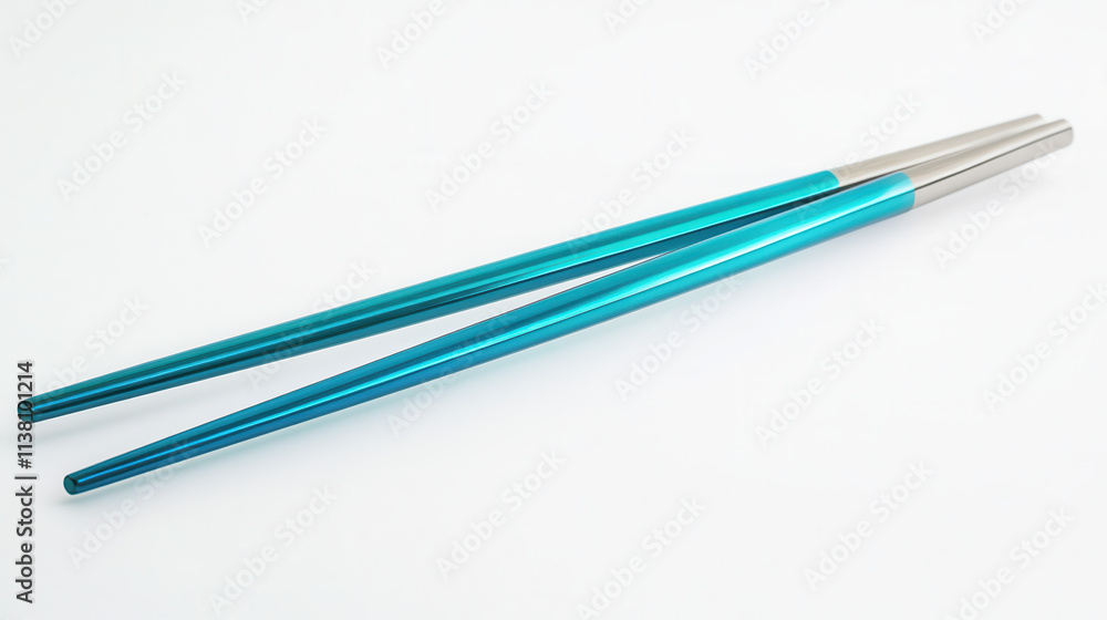 A sleek pair of chopsticks designed with a metallic gradient finish, transitioning from matte silver to vibrant turquoise, tapered and symmetrical, placed diagonally on a clear white background. Ultra
