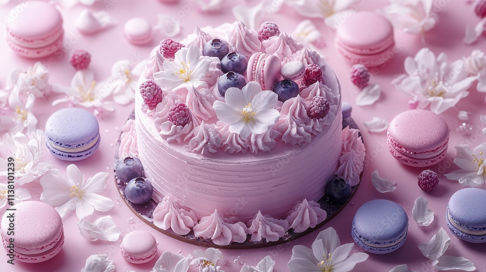 Enticing pink cake decorated with berries, macarons, and flowers on a pastel background for a joyful celebration Enticing pink cake decorated with berries, macarons, and flowers on a pastel background for a joyful celebration