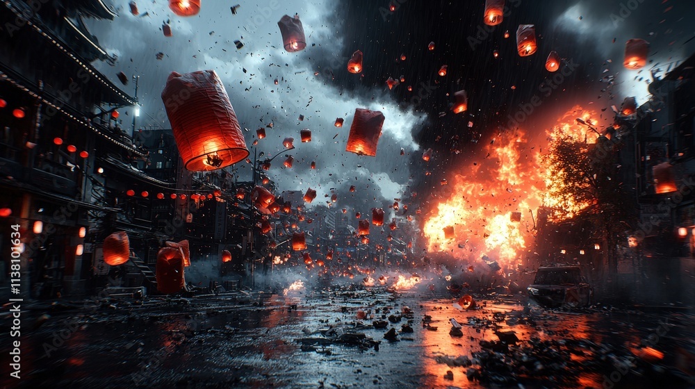 Fototapeta premium A city street with a lot of fire and smoke