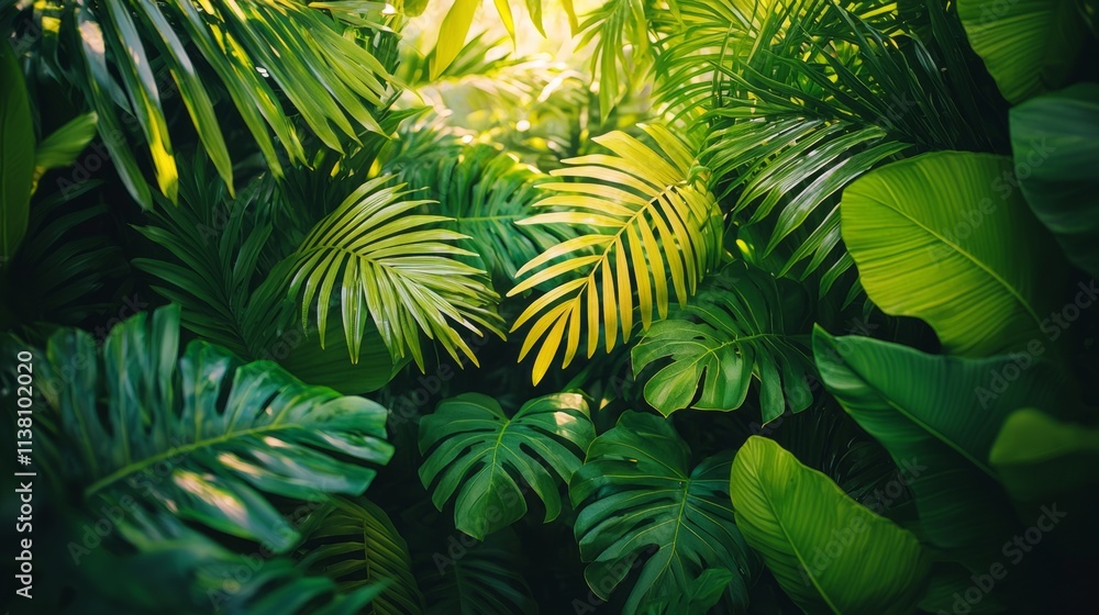 A lush green jungle with many leaves and a bright sun shining through the trees A lush green jungle with many leaves and a bright sun shining through the trees
