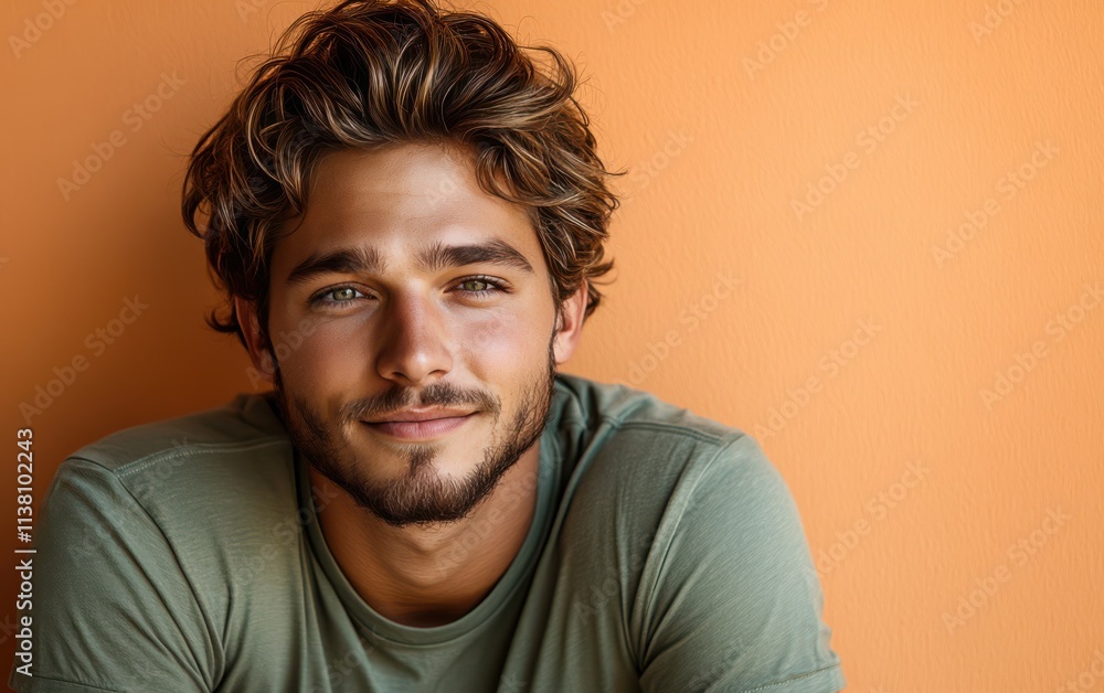 man with casual t-shirt is smiling at the camera, solid color background man with casual t-shirt is smiling at the camera, solid color background