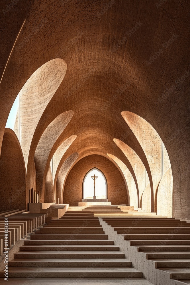 Fototapeta premium The interior of the modernist church is made from rammed earth walls with arched windows. A long staircase in front leads to an altar that is lit up by natural light
