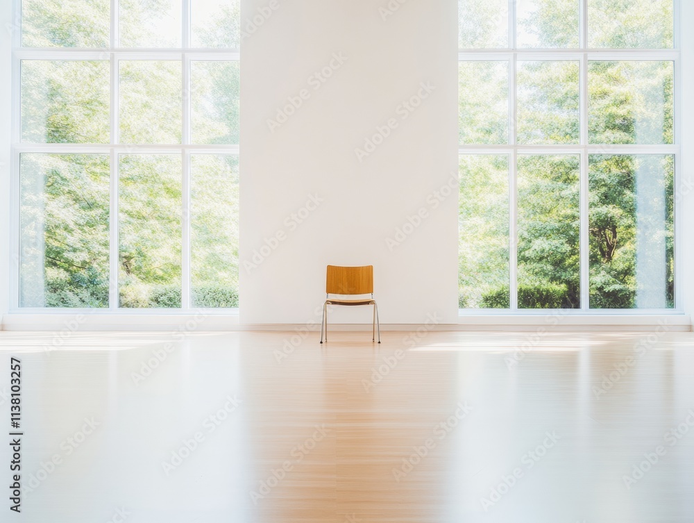 Fototapeta premium Minimalist Interior with Chair and Sunlit Windows in Spacious Room