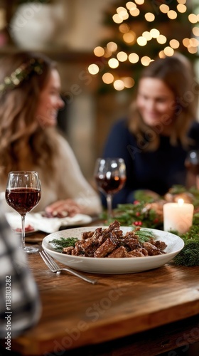 A festive dinner scene with friends enjoying a meal and drinks by candlelight.