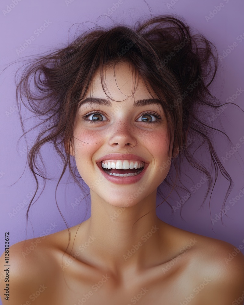 Smiling young woman with playful hairstyle against a vibrant purple background displaying joy and confidence Smiling young woman with playful hairstyle against a vibrant purple background displaying joy and confidence