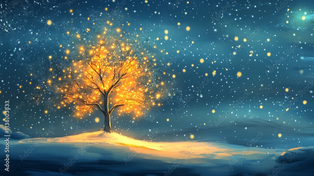 Christmas night scene with a glowing tree, snowflakes falling gently Christmas night scene with a glowing tree, snowflakes falling gently