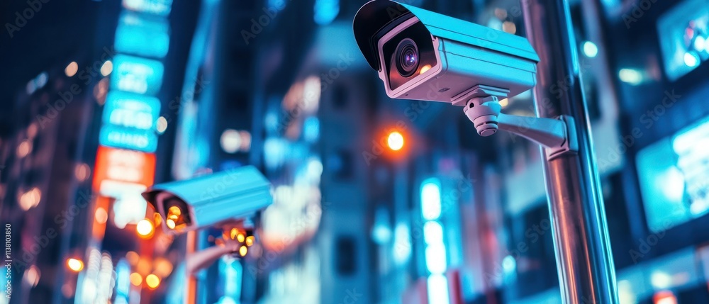 Security Camera Overlooking Busy Night Cityscape Security Camera Overlooking Busy Night Cityscape