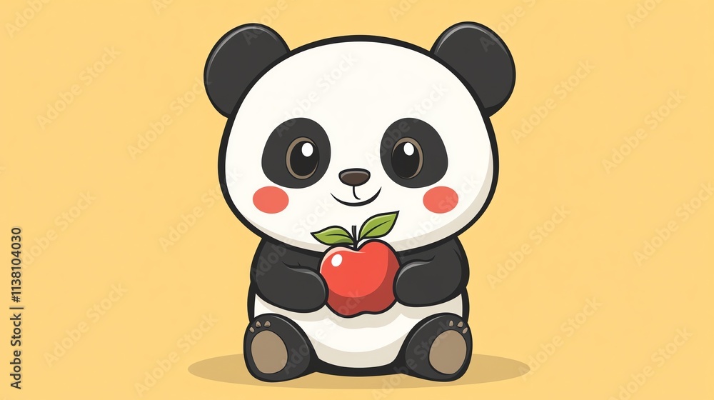 A cute cartoon panda holding an apple.