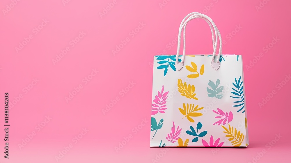 Summer sale concept. Colorful patterned gift bag on a pink background, perfect for celebrations and shopping. Summer sale concept. Colorful patterned gift bag on a pink background, perfect for celebrations and shopping.