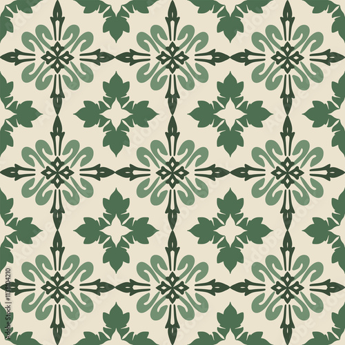 Green and cream floral classic traditional damask design, seamless pattern, vector illustration. Design for fabric ends and clothing.