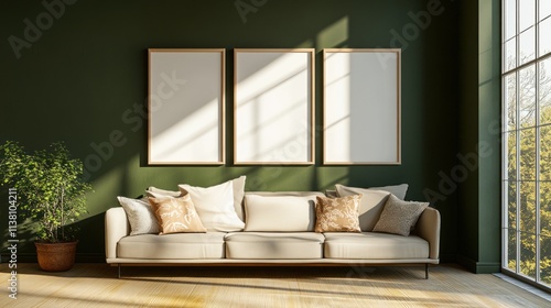 Serene Living Room with Green Walls and Mockup Frames photo