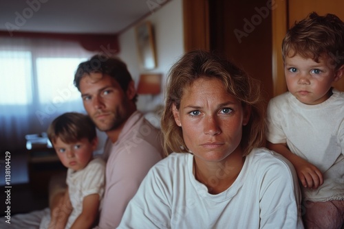 A family of four poses in their home, radiating warmth and togetherness, showcasing the ties that bind loved ones in a cozy, inviting atmosphere. photo