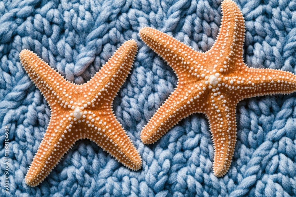 two starfish on blue knitted fabric two starfish on blue knitted fabric