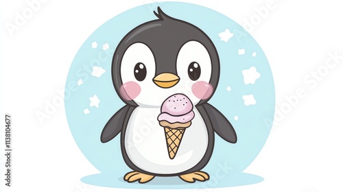 A cute cartoon penguin holding an ice cream cone.